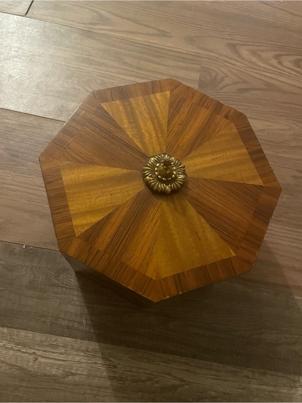 Octagonal Wood Decorative Box with Brass Flower Knob - Brown